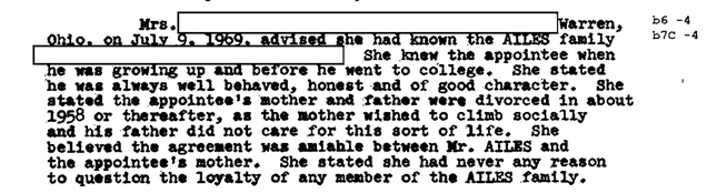 An FBI field report of an interview with an Ailes associate. The investigation was requested by Nixon White House assistant John D.Ehrlichman in July 1969.